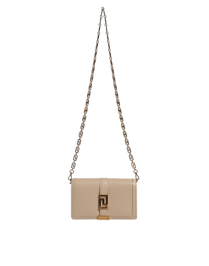 Versace – Umhängetasche aus Kalbsleder mit goldener Kette in Beige
