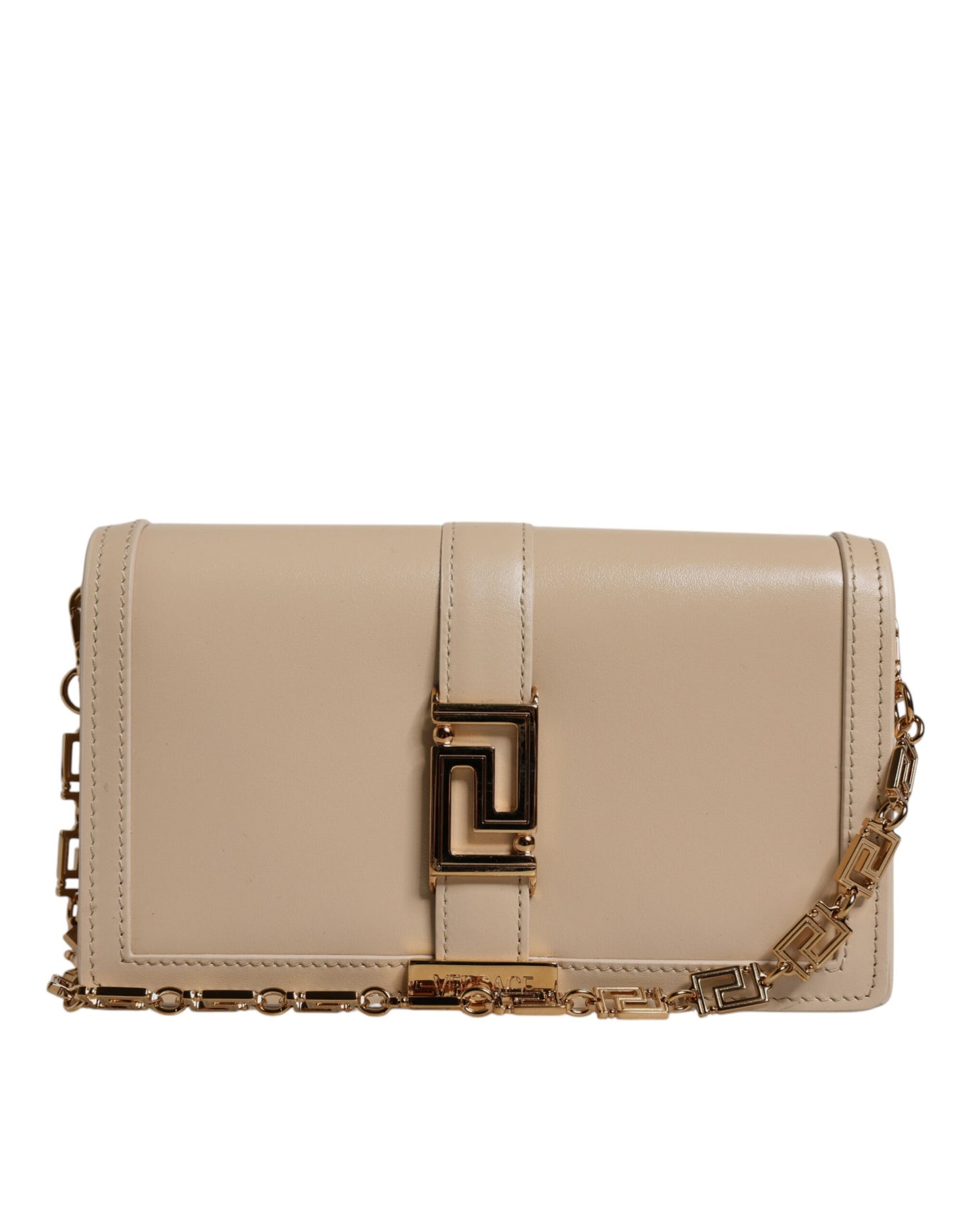 Versace – Umhängetasche aus Kalbsleder mit goldener Kette in Beige