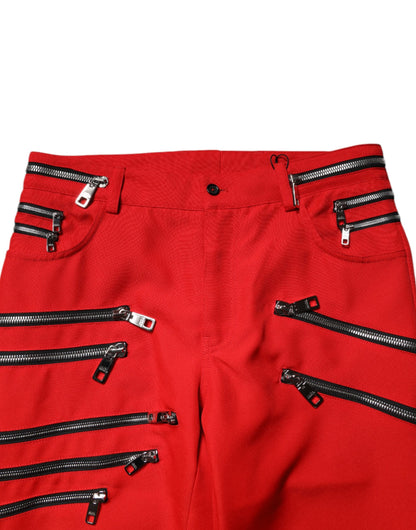 Dolce &amp; Gabbana – Rote, gerade Hose mit Reißverschluss und Verzierung
