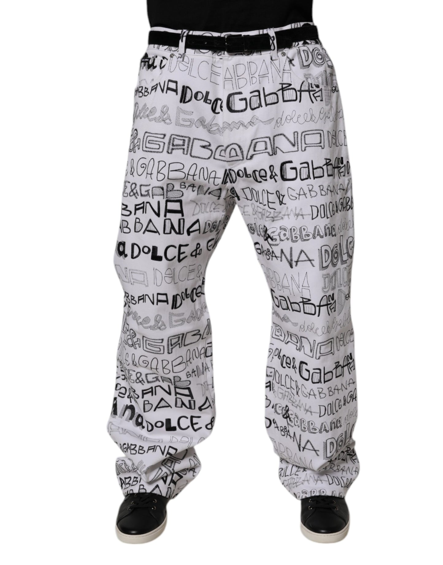 Dolce &amp; Gabbana Weiße, gerade geschnittene Herren-Jeans mit Logo-Print