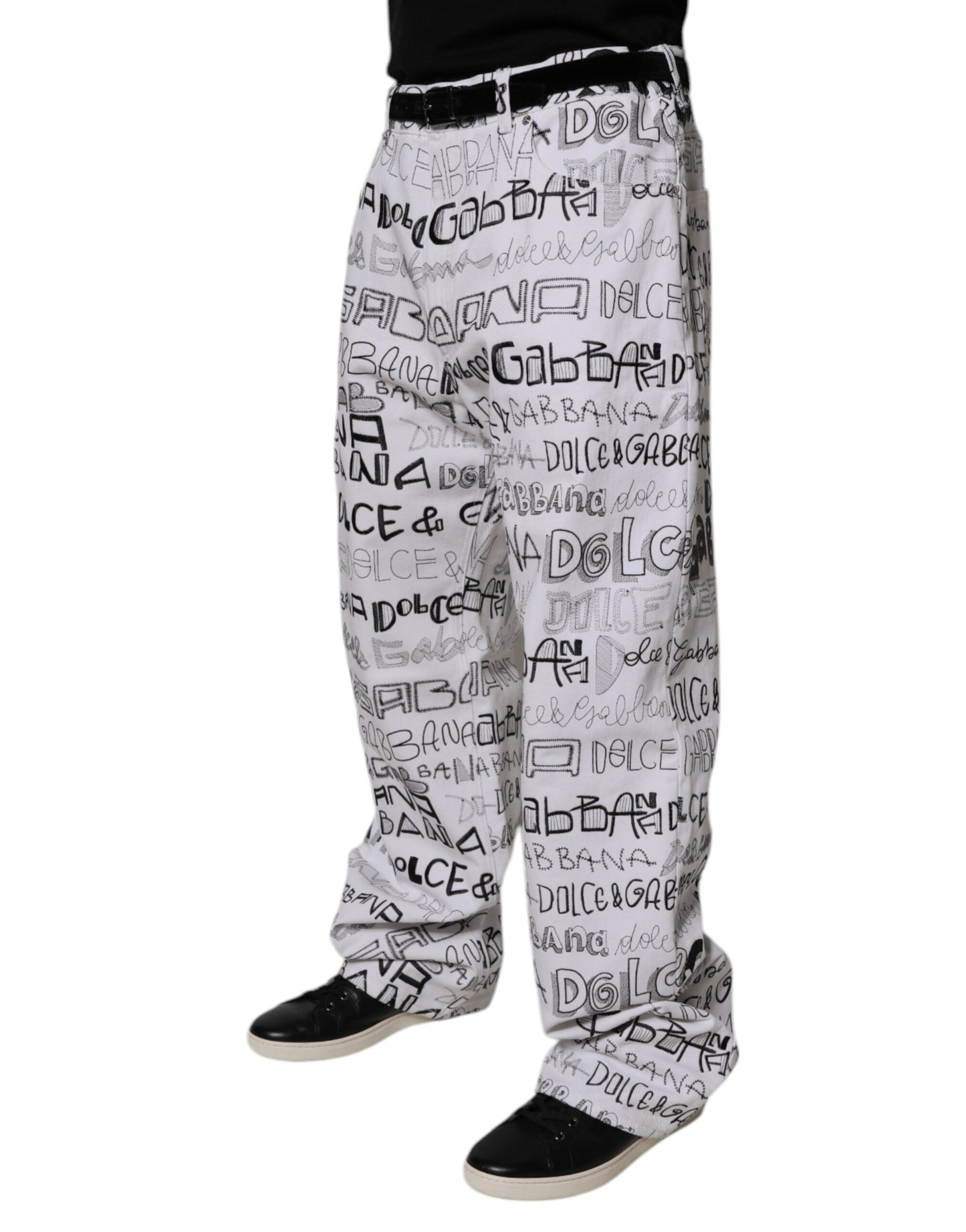 Dolce &amp; Gabbana Weiße, gerade geschnittene Herren-Jeans mit Logo-Print