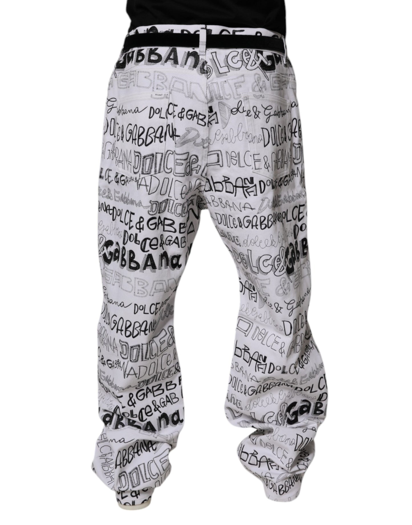 Dolce &amp; Gabbana Weiße, gerade geschnittene Herren-Jeans mit Logo-Print