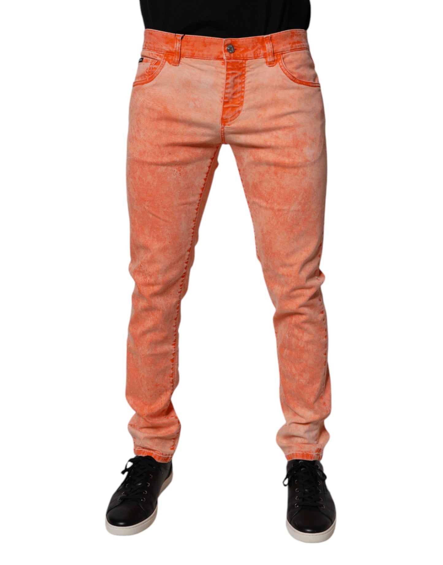 Dolce &amp; Gabbana – Orangefarbene Skinny-Jeans aus Baumwolle mit Batikmuster für Herren