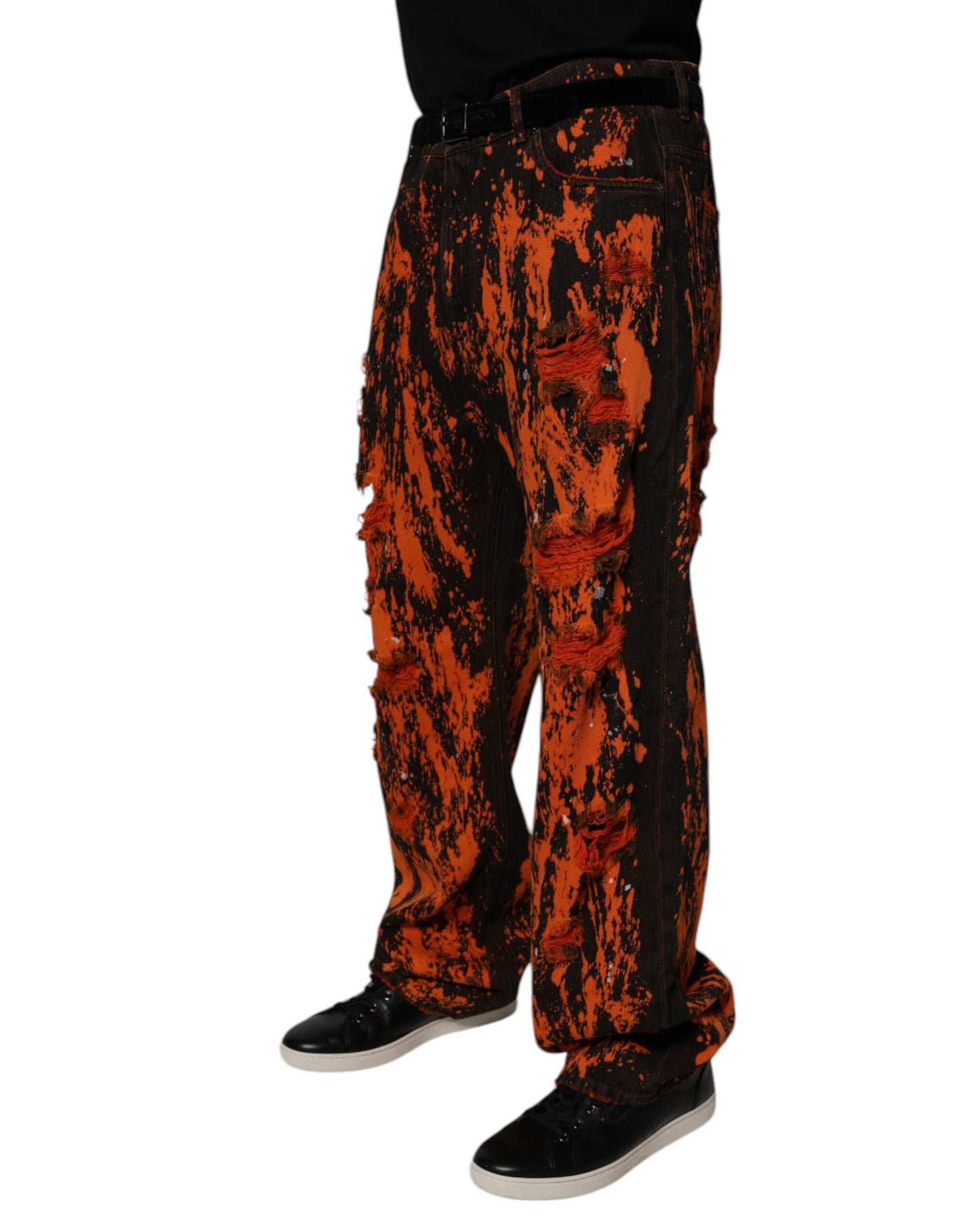 Dolce &amp; Gabbana – Gerade Jeans aus Baumwolle mit Batikmuster in Schwarz und Rot