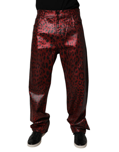 Dolce &amp; Gabbana Rote, gerade geschnittene Jeans aus Baumwolle mit Leopardenmuster für Herren