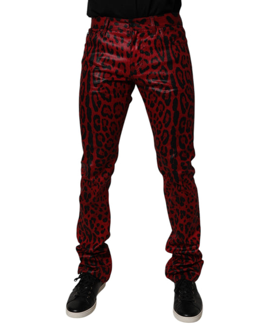 Dolce &amp; Gabbana – Slim Fit-Jeans aus Baumwolle mit Leopardenmuster in Rot