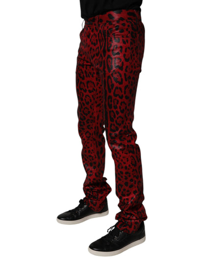 Dolce &amp; Gabbana – Slim Fit-Jeans aus Baumwolle mit Leopardenmuster in Rot