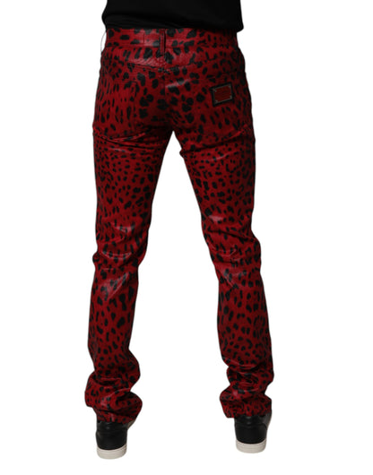 Dolce &amp; Gabbana – Slim Fit-Jeans aus Baumwolle mit Leopardenmuster in Rot