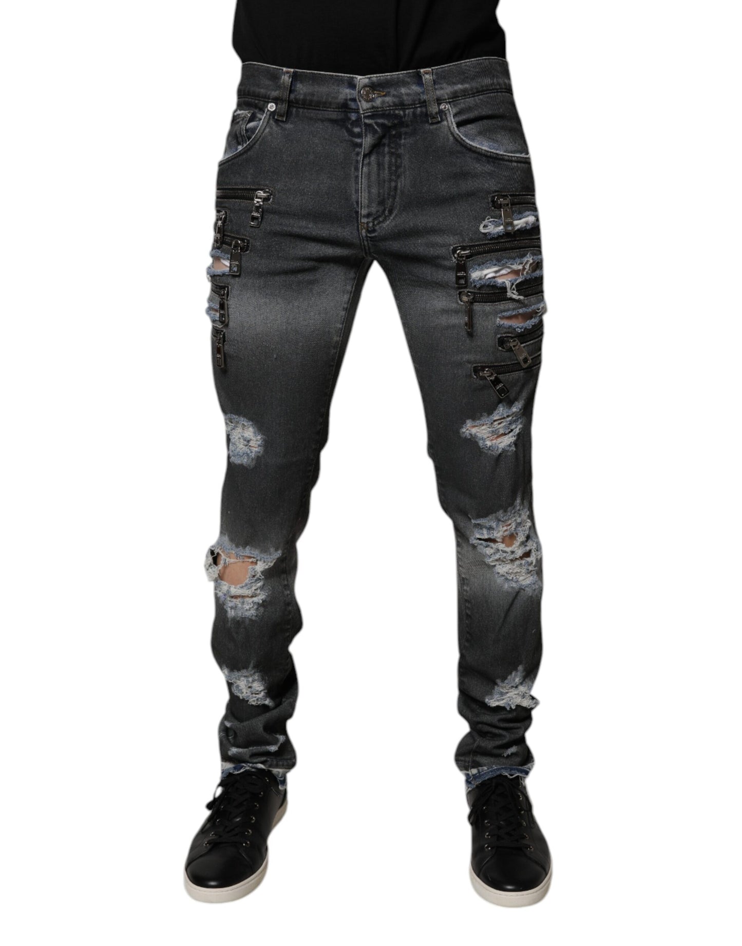 Dolce &amp; Gabbana Dunkelgraue Skinny-Jeans aus zerfetzter Baumwolle