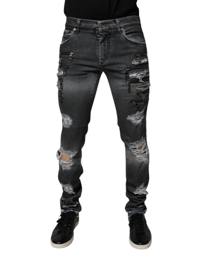 Dolce &amp; Gabbana Dunkelgraue Skinny-Jeans aus zerfetzter Baumwolle