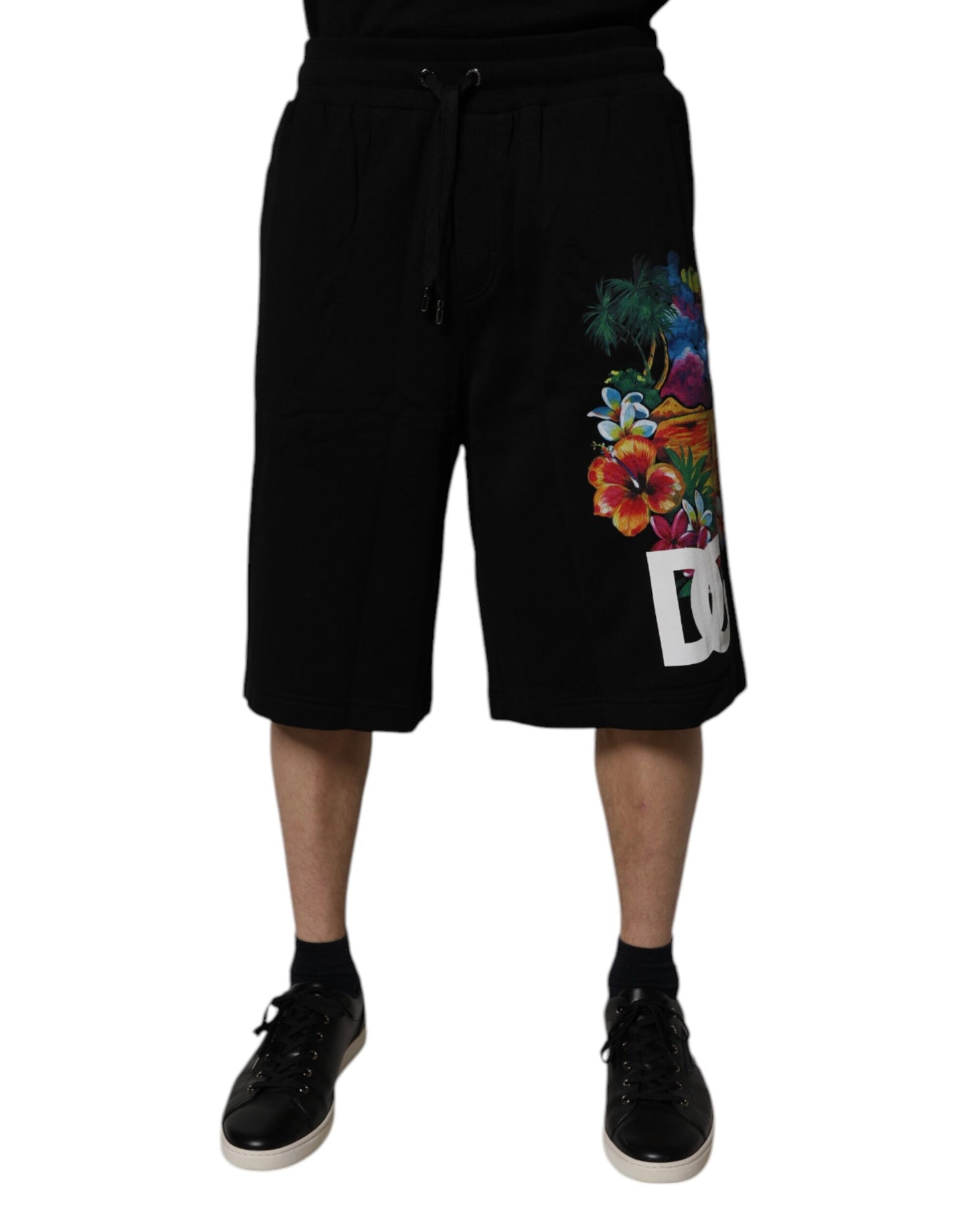 Dolce &amp; Gabbana – Schwarze Bermudashorts aus Baumwolle mit Logo und Blumendruck