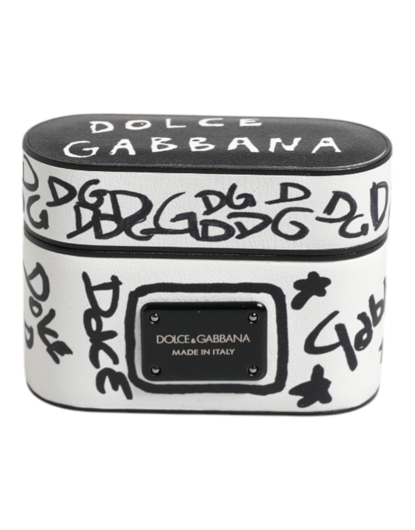Dolce &amp; Gabbana – Airpods-Hülle aus schwarz-weißem Leder mit geprägtem Logo