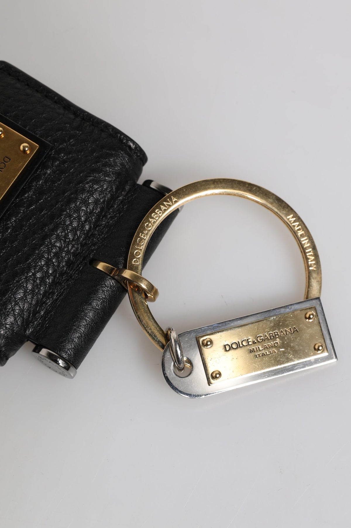 Dolce & Gabbana Black Leather Strap Gold Metal Logo Plaque Airpods Case