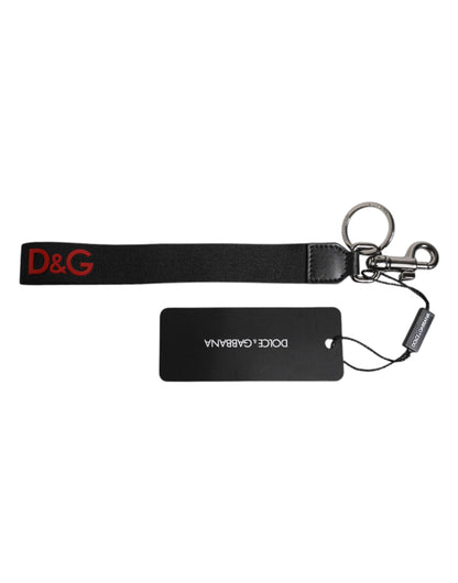 Dolce &amp; Gabbana Schwarz Logo Nylon Silber Messing Männer Halter Schlüsselanhänger Schlüsselanhänger