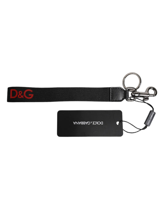 Dolce &amp; Gabbana Schwarz Logo Nylon Silber Messing Männer Halter Schlüsselanhänger Schlüsselanhänger