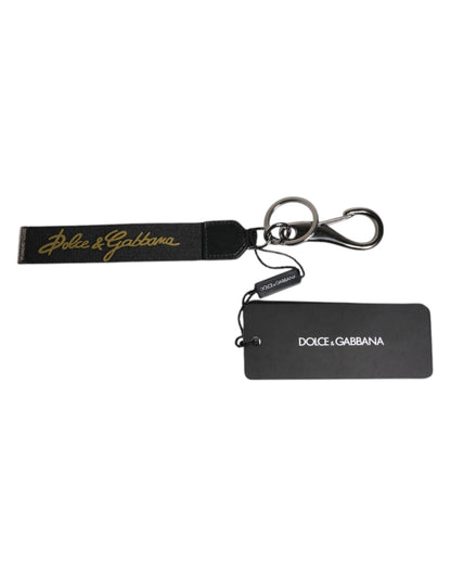 Dolce &amp; Gabbana Schwarz Logo Nylon Silber Messing Männer Halter Schlüsselanhänger Schlüsselanhänger