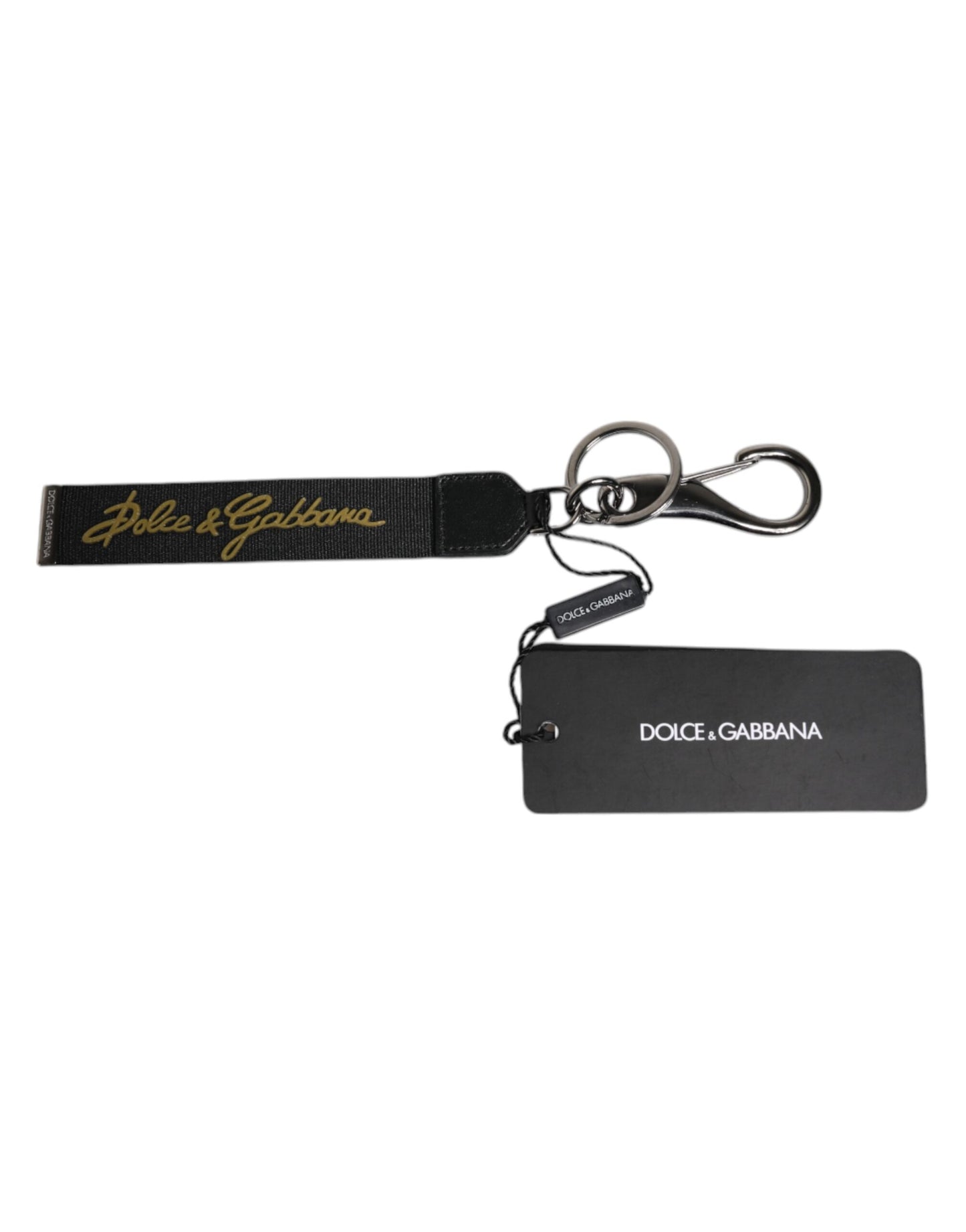 Dolce &amp; Gabbana Schwarz Logo Nylon Silber Messing Männer Halter Schlüsselanhänger Schlüsselanhänger