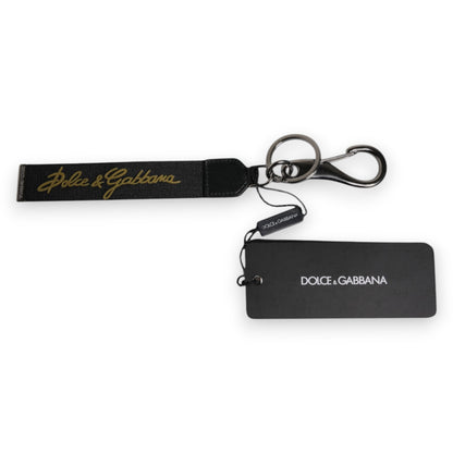 Dolce &amp; Gabbana Schwarz Logo Nylon Silber Messing Männer Halter Schlüsselanhänger Schlüsselanhänger