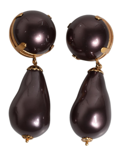 Dolce & Gabbana Gold Brass Black Pearl Clip On Dangling Jewelry Earrings