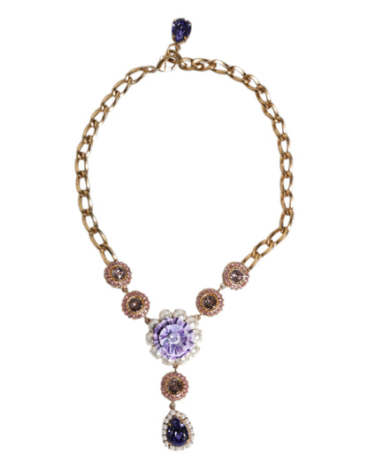 Dolce & Gabbana Gold Brass Floral Crystals Pearl Embellished Necklace