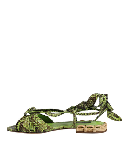 Dolce & Gabbana Green Animal Print Ankle Wrap Sandals Shoes