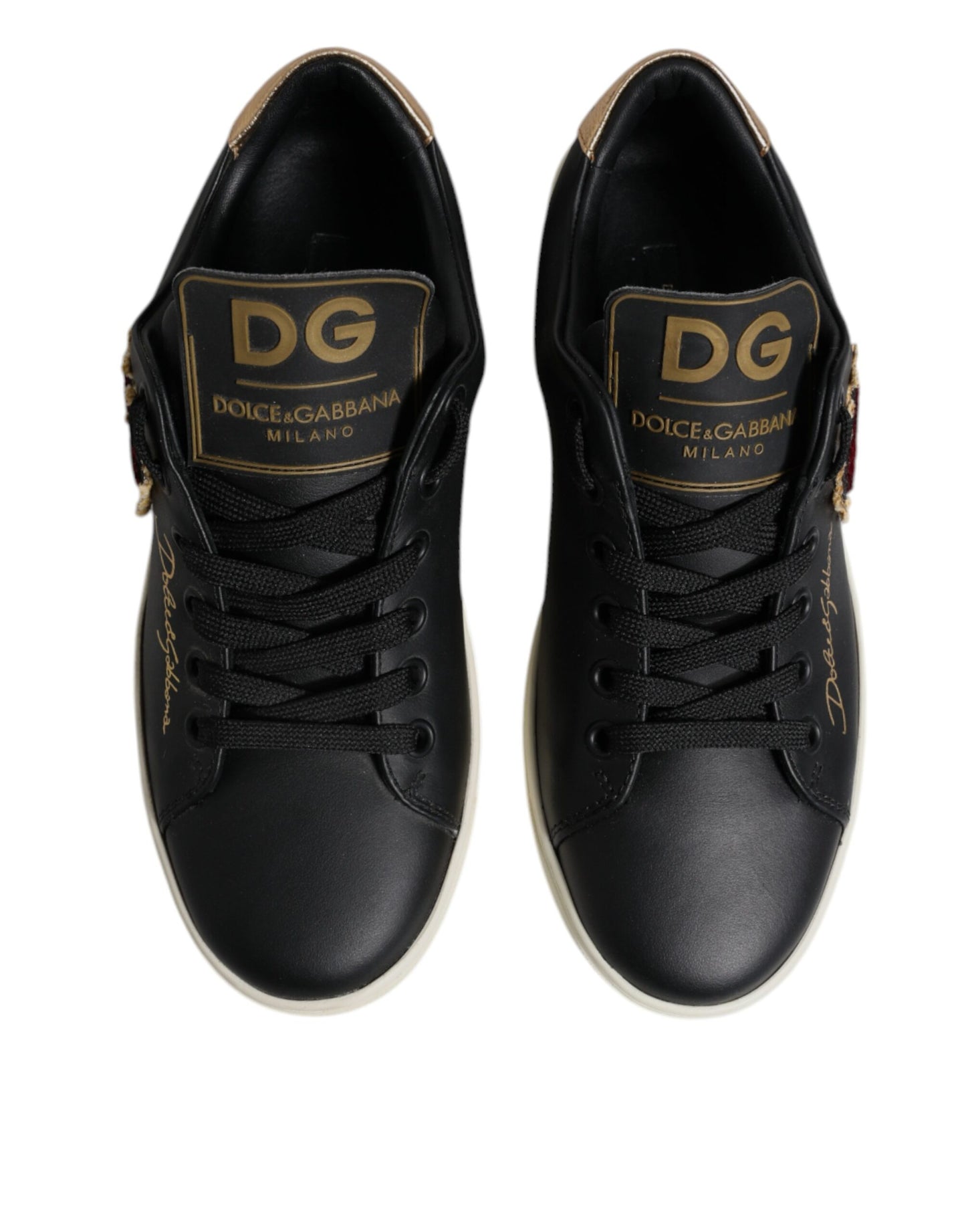 Dolce & Gabbana Black Leather Gold Red Heart Sneakers Shoes