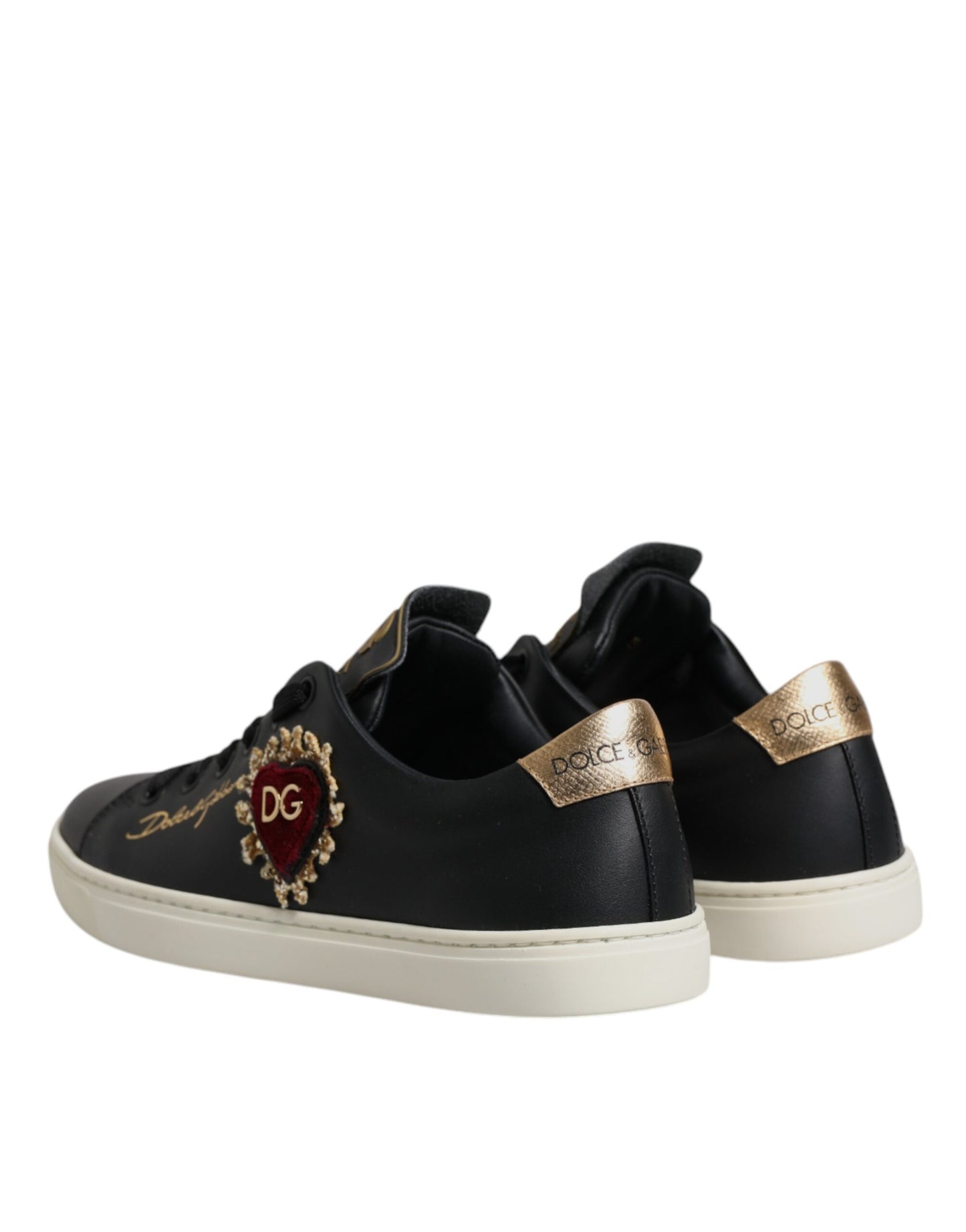 Dolce & Gabbana Black Leather Gold Red Heart Sneakers Shoes