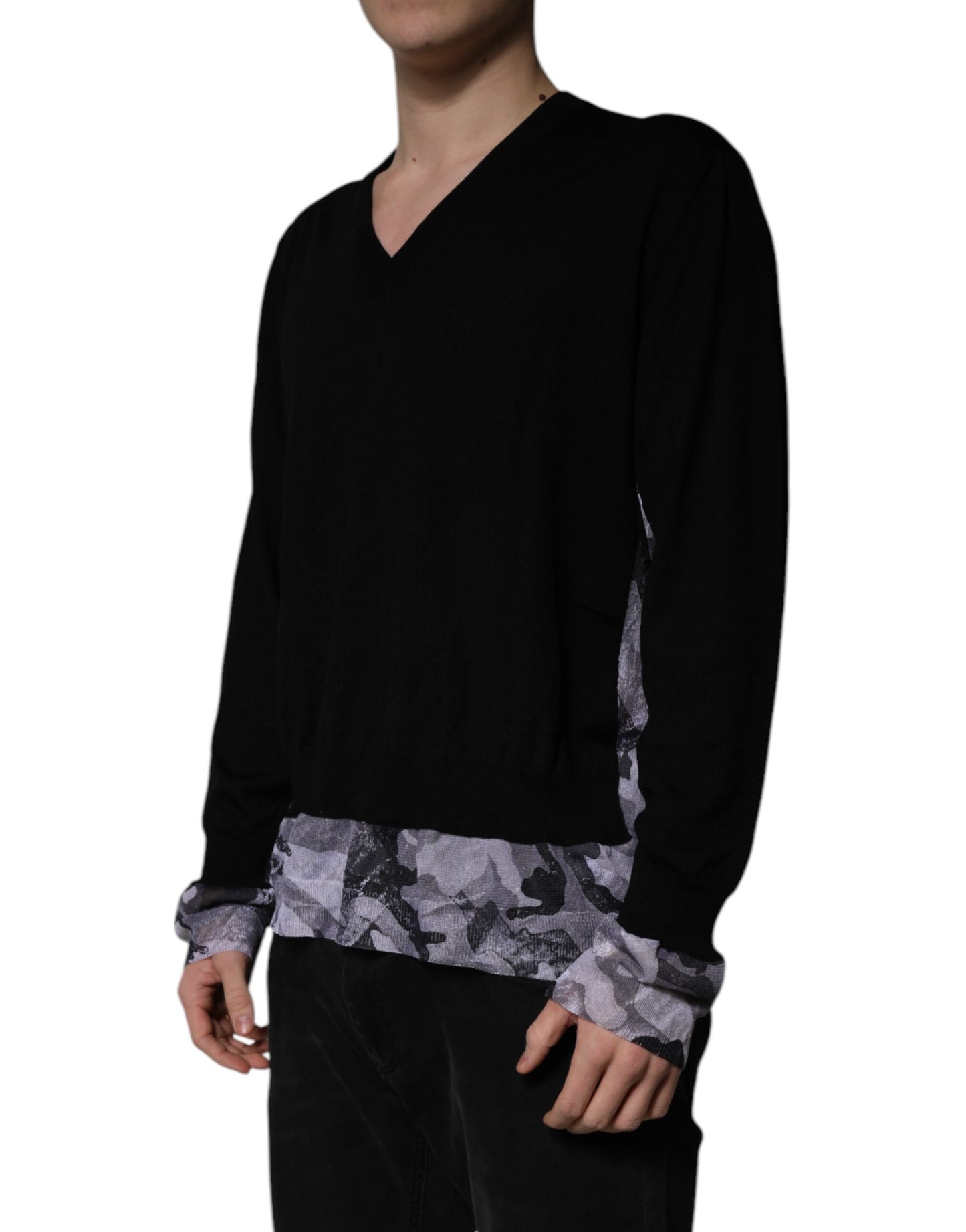 Dolce &amp; Gabbana – Schwarzer Camouflage-Pullover mit V-Ausschnitt