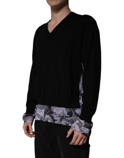 Dolce &amp; Gabbana – Schwarzer Camouflage-Pullover mit V-Ausschnitt