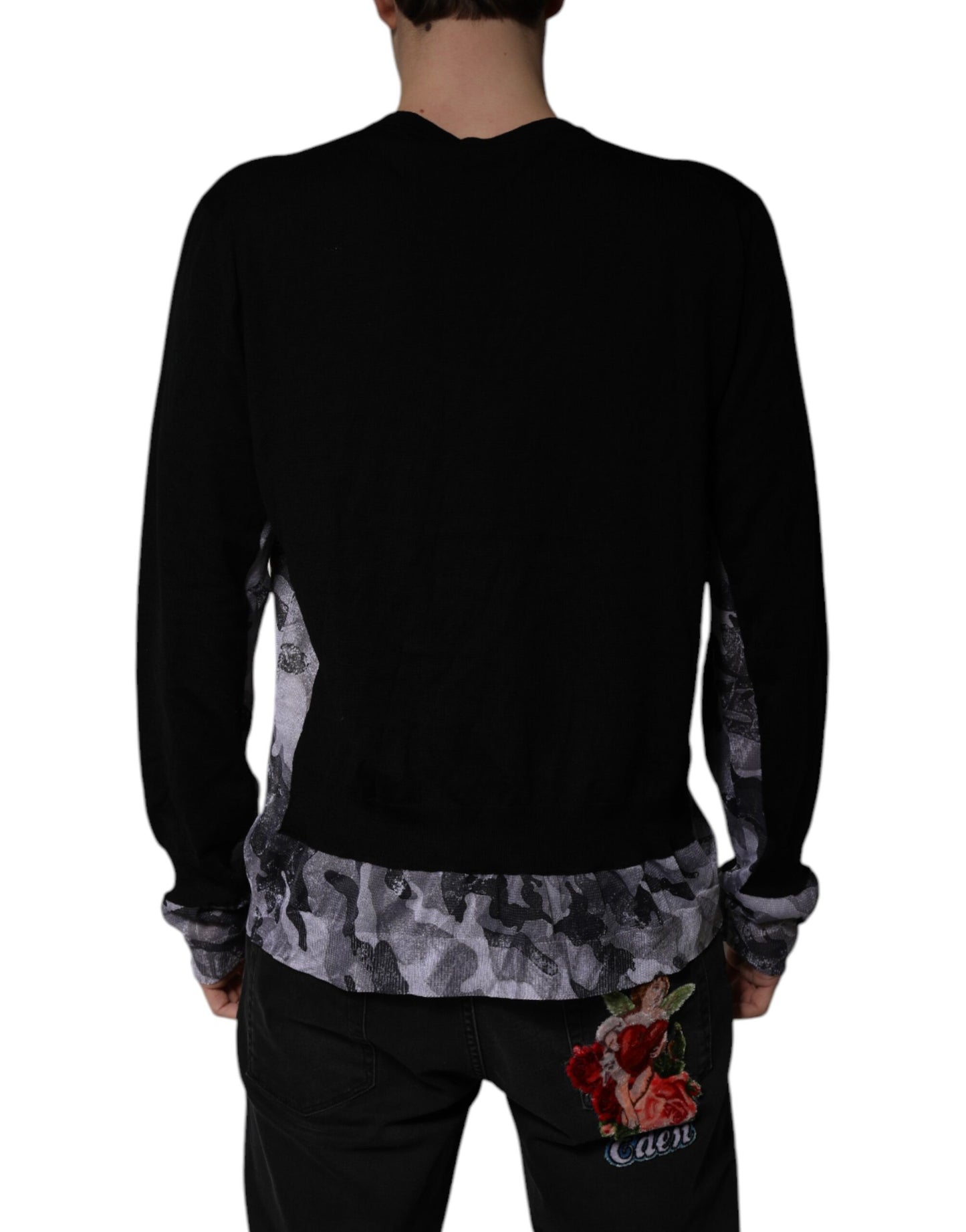 Dolce &amp; Gabbana – Schwarzer Camouflage-Pullover mit V-Ausschnitt