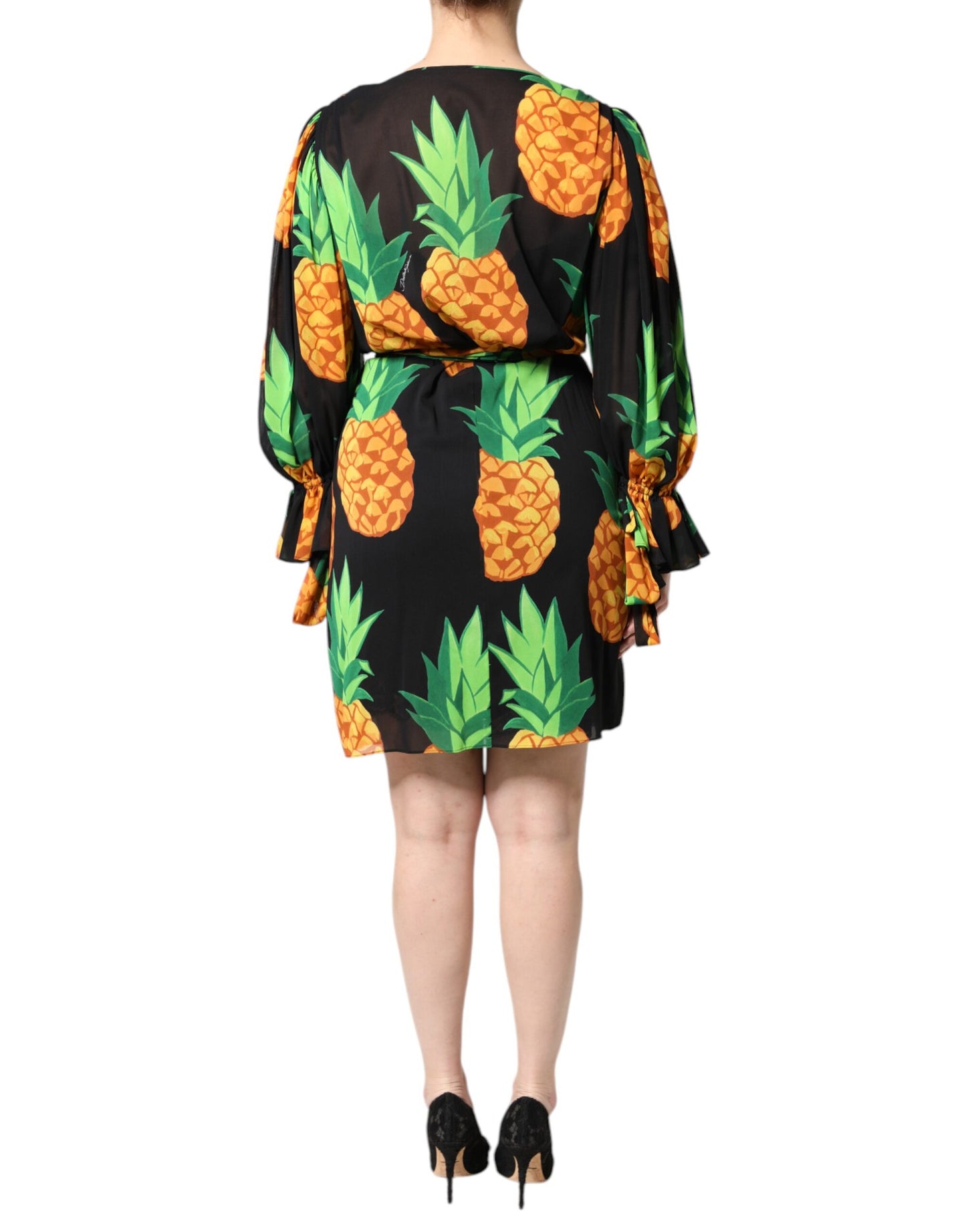 Dolce &amp; Gabbana Schwarzes Wickelkleid aus Seide mit Ananas-Drapierung