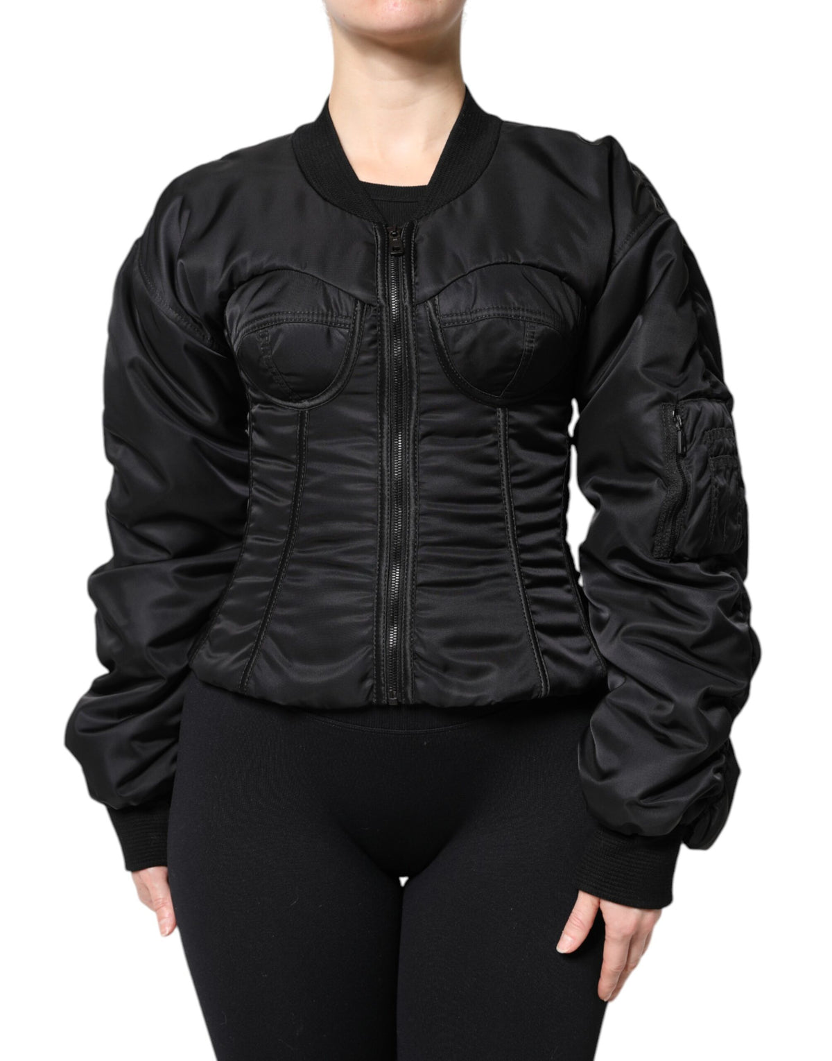 Dolce &amp; Gabbana – Schwarze Nylon-Bustier-Kordeljacke mit durchgehendem Reißverschluss