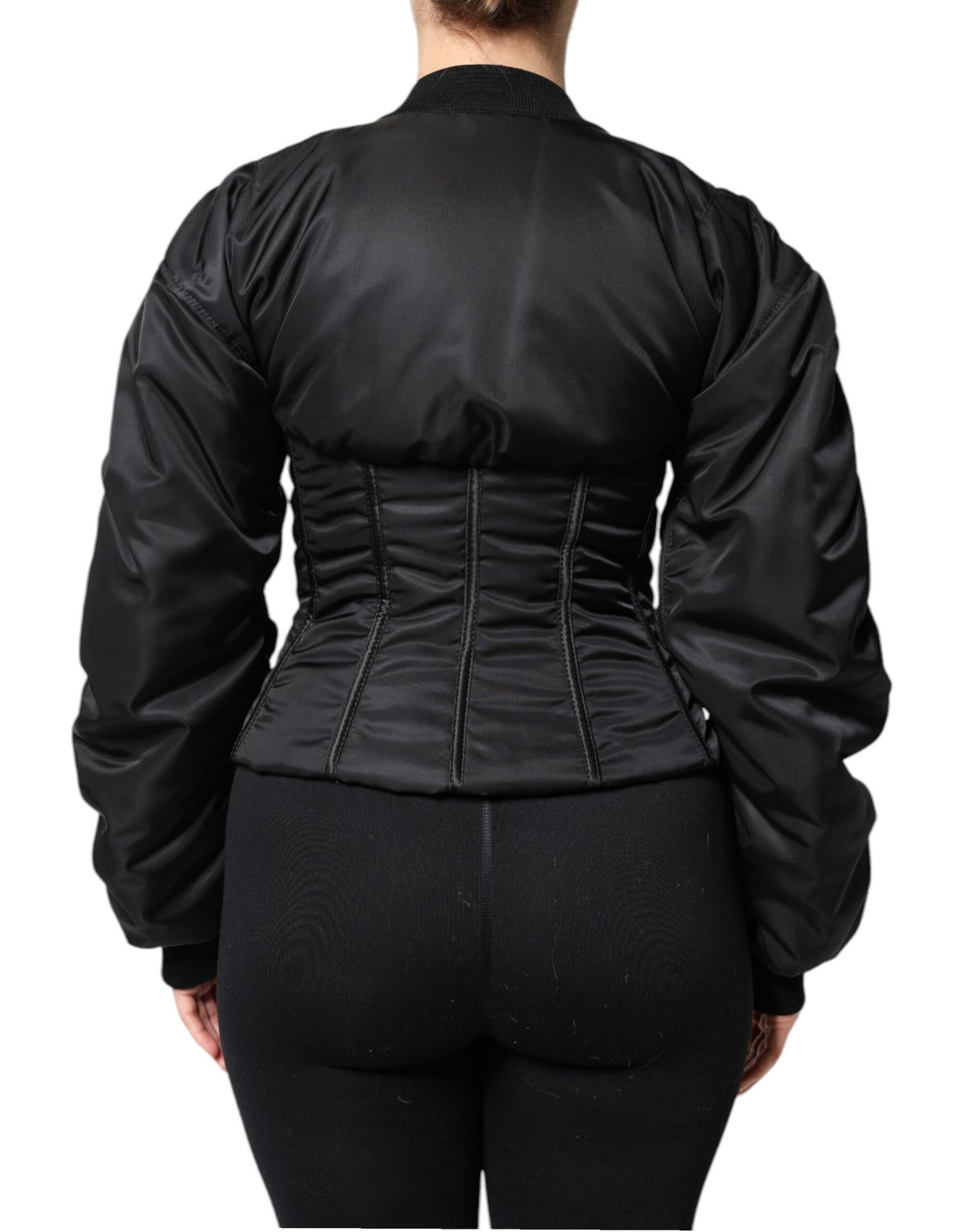 Dolce &amp; Gabbana – Schwarze Nylon-Bustier-Kordeljacke mit durchgehendem Reißverschluss