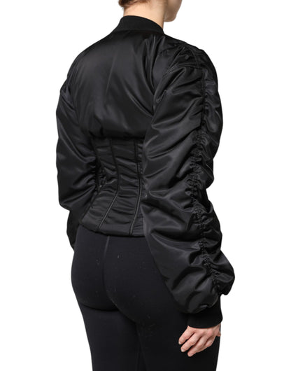 Dolce &amp; Gabbana – Schwarze Nylon-Bustier-Kordeljacke mit durchgehendem Reißverschluss