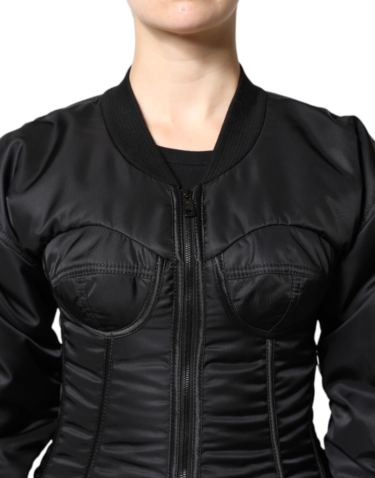 Dolce &amp; Gabbana – Schwarze Nylon-Bustier-Kordeljacke mit durchgehendem Reißverschluss