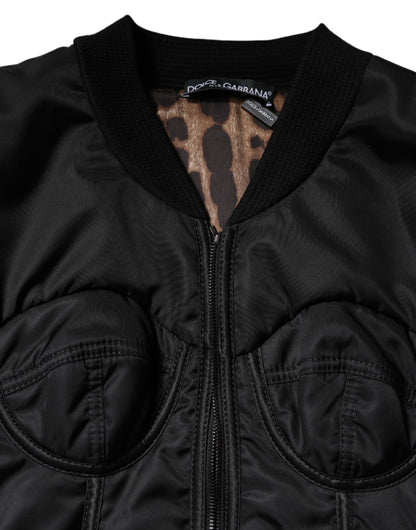 Dolce &amp; Gabbana – Schwarze Nylon-Bustier-Kordeljacke mit durchgehendem Reißverschluss