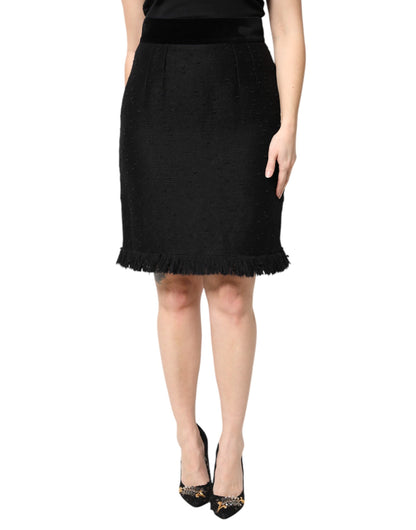 Dolce & Gabbana Black Wool Fringe High Waist Pencil Mini Skirt