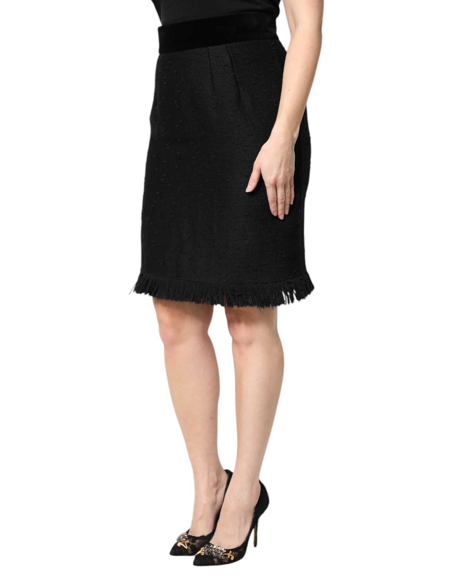 Dolce &amp; Gabbana – Schwarzer Bleistift-Minirock aus Wolle mit Fransen und hoher Taille