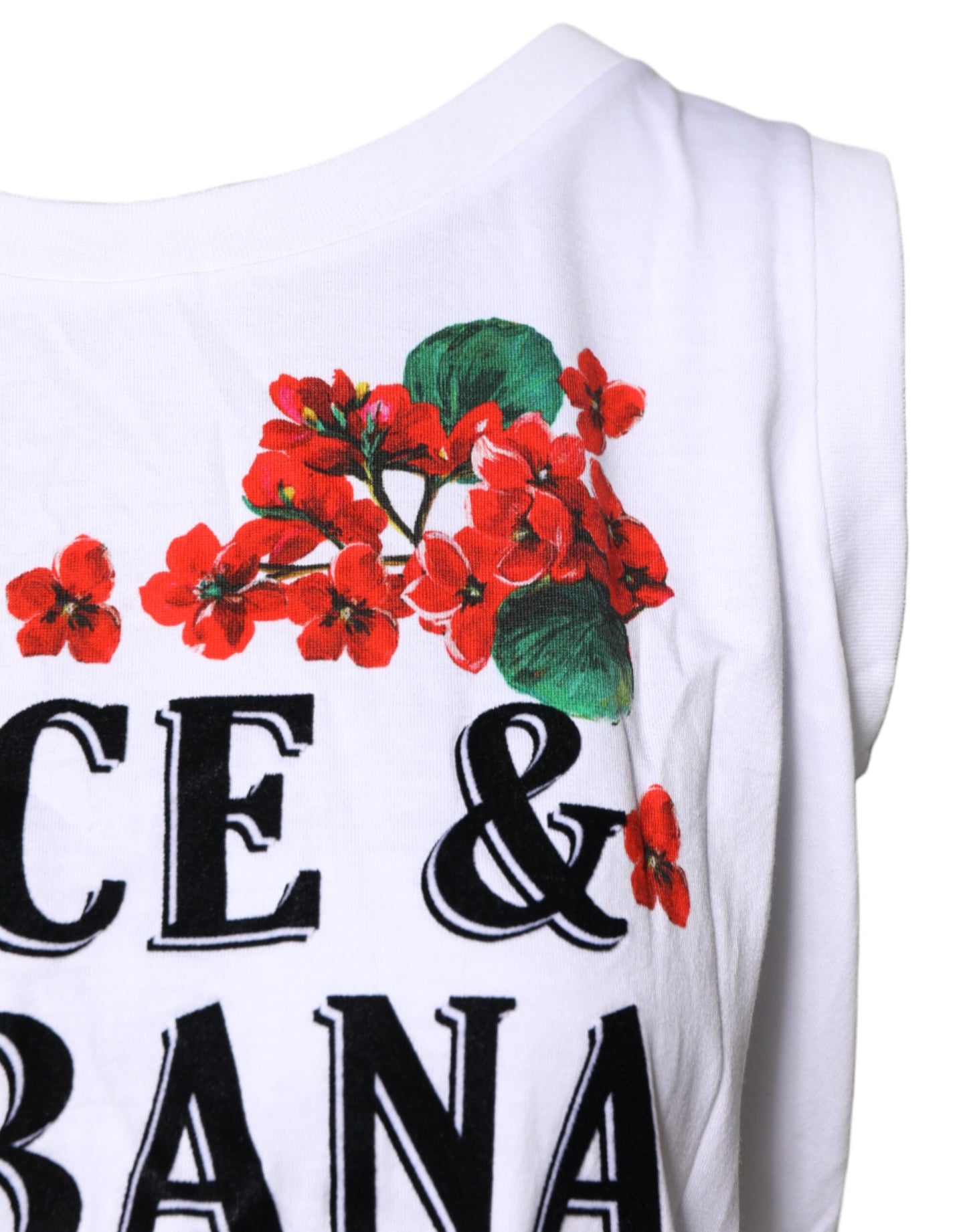 Dolce &amp; Gabbana – Weißes, ärmelloses Baumwoll-T-Shirt mit Blumendruck
