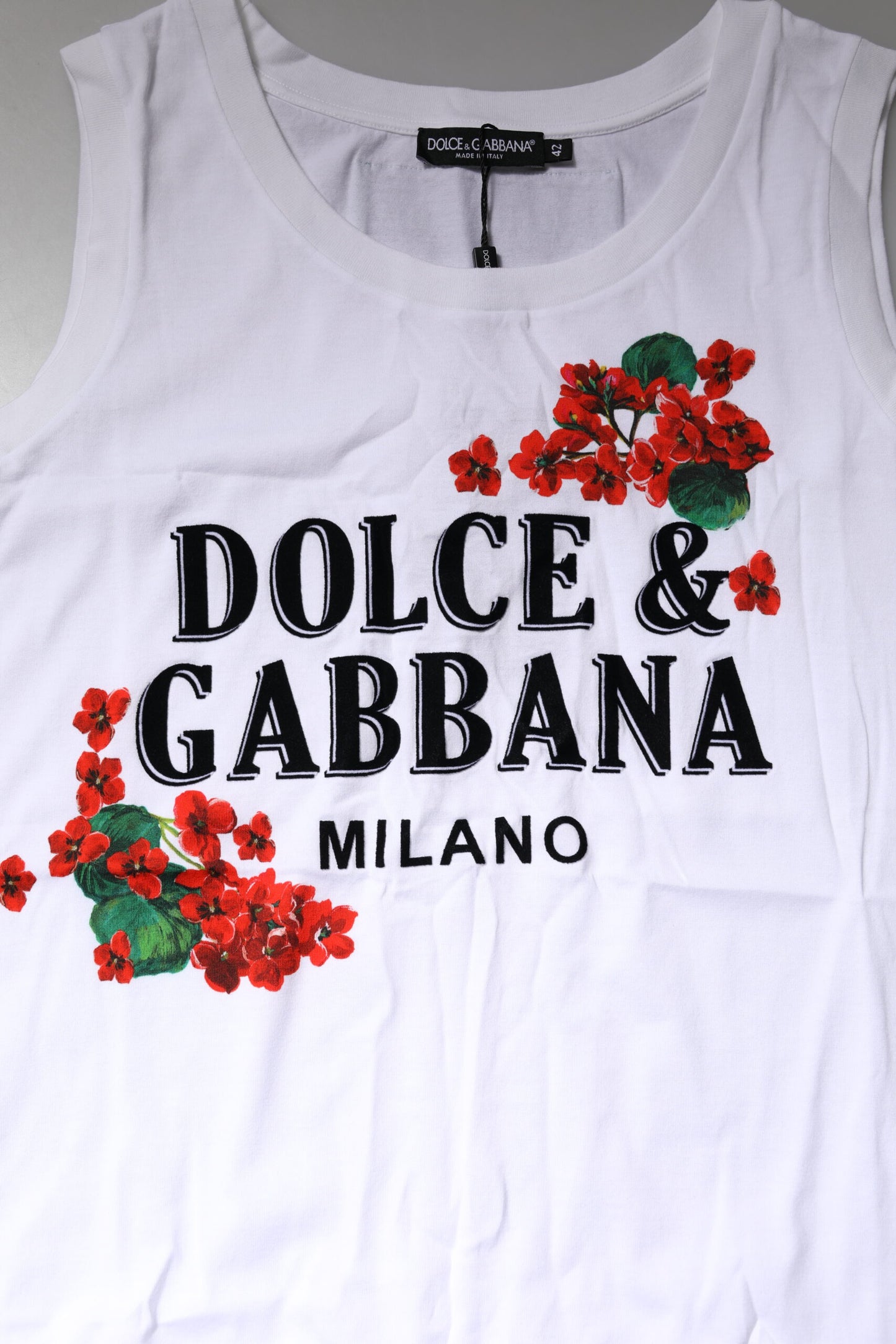 Dolce &amp; Gabbana – Weißes, ärmelloses Baumwoll-T-Shirt mit Blumendruck