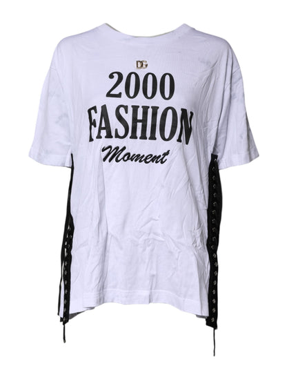 Dolce &amp; Gabbana – Weißes, bedrucktes T-Shirt aus Baumwolle mit Rundhalsausschnitt und Schnürung