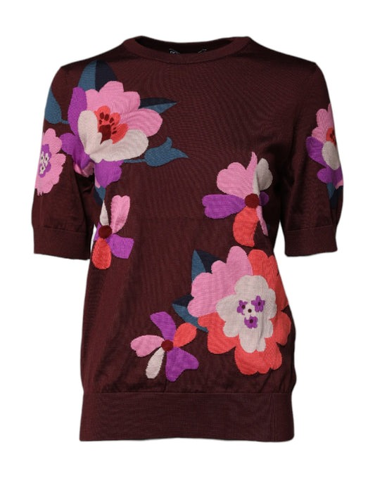 Dolce &amp; Gabbana – Kastanienbraunes Blusenoberteil aus Seide mit Blumenmuster und Rundhalsausschnitt