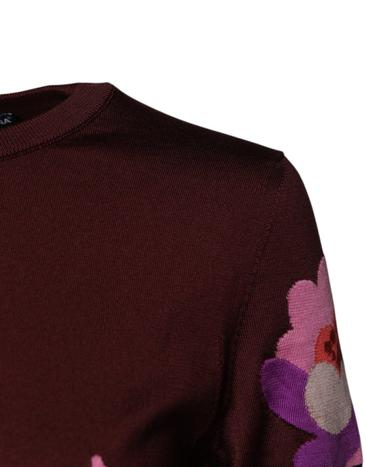 Dolce &amp; Gabbana – Kastanienbraunes Blusenoberteil aus Seide mit Blumenmuster und Rundhalsausschnitt