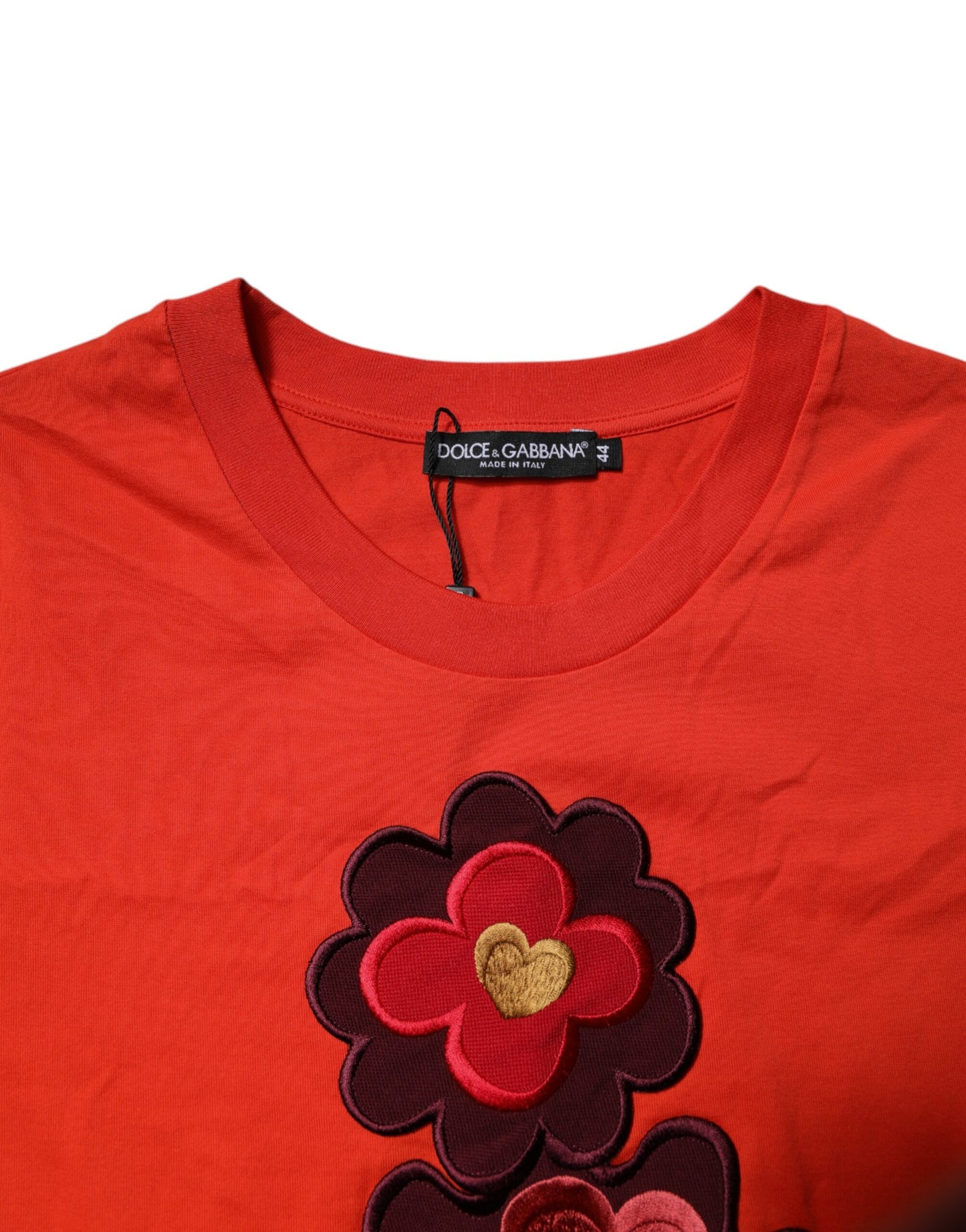Dolce &amp; Gabbana – Rotes Baumwoll-T-Shirt mit Rundhalsausschnitt und Blumenstickerei