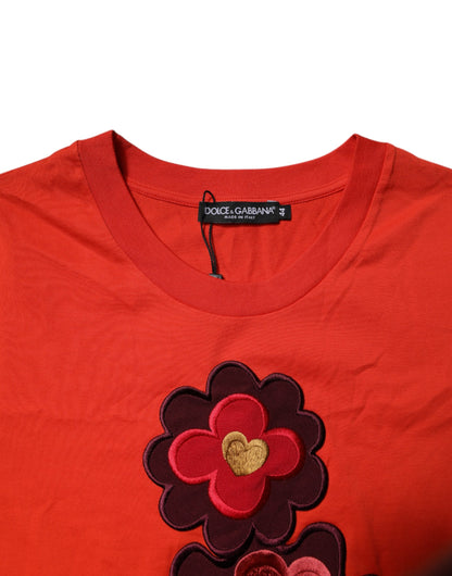 Dolce &amp; Gabbana – Rotes Baumwoll-T-Shirt mit Rundhalsausschnitt und Blumenstickerei