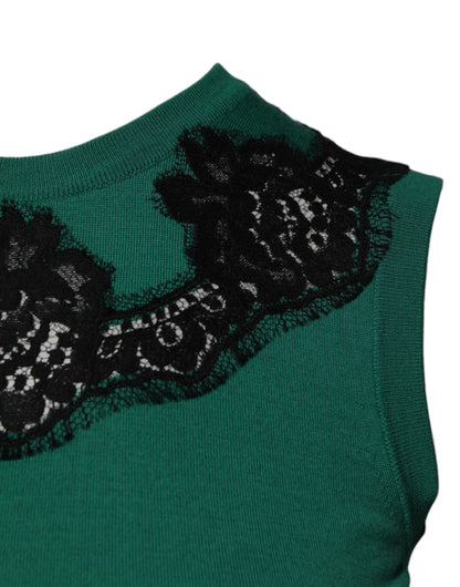 Dolce &amp; Gabbana, grünes, ärmelloses Tanktop aus Wolle mit Spitzendetail