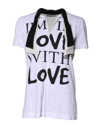 Dolce &amp; Gabbana – Weißes T-Shirt aus Baumwoll-Seiden-Mischgewebe mit Ascot-Kragen