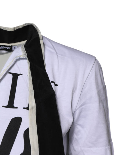 Dolce &amp; Gabbana – Weißes T-Shirt aus Baumwoll-Seiden-Mischgewebe mit Ascot-Kragen
