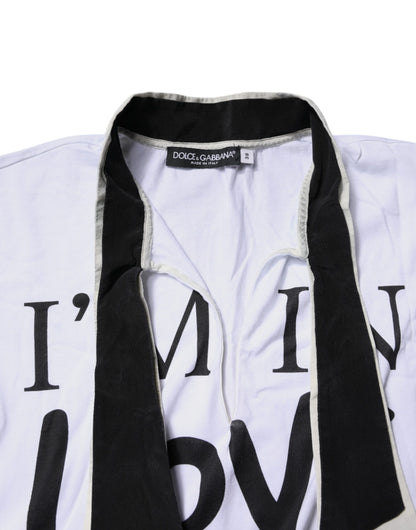 Dolce &amp; Gabbana – Weißes T-Shirt aus Baumwoll-Seiden-Mischgewebe mit Ascot-Kragen