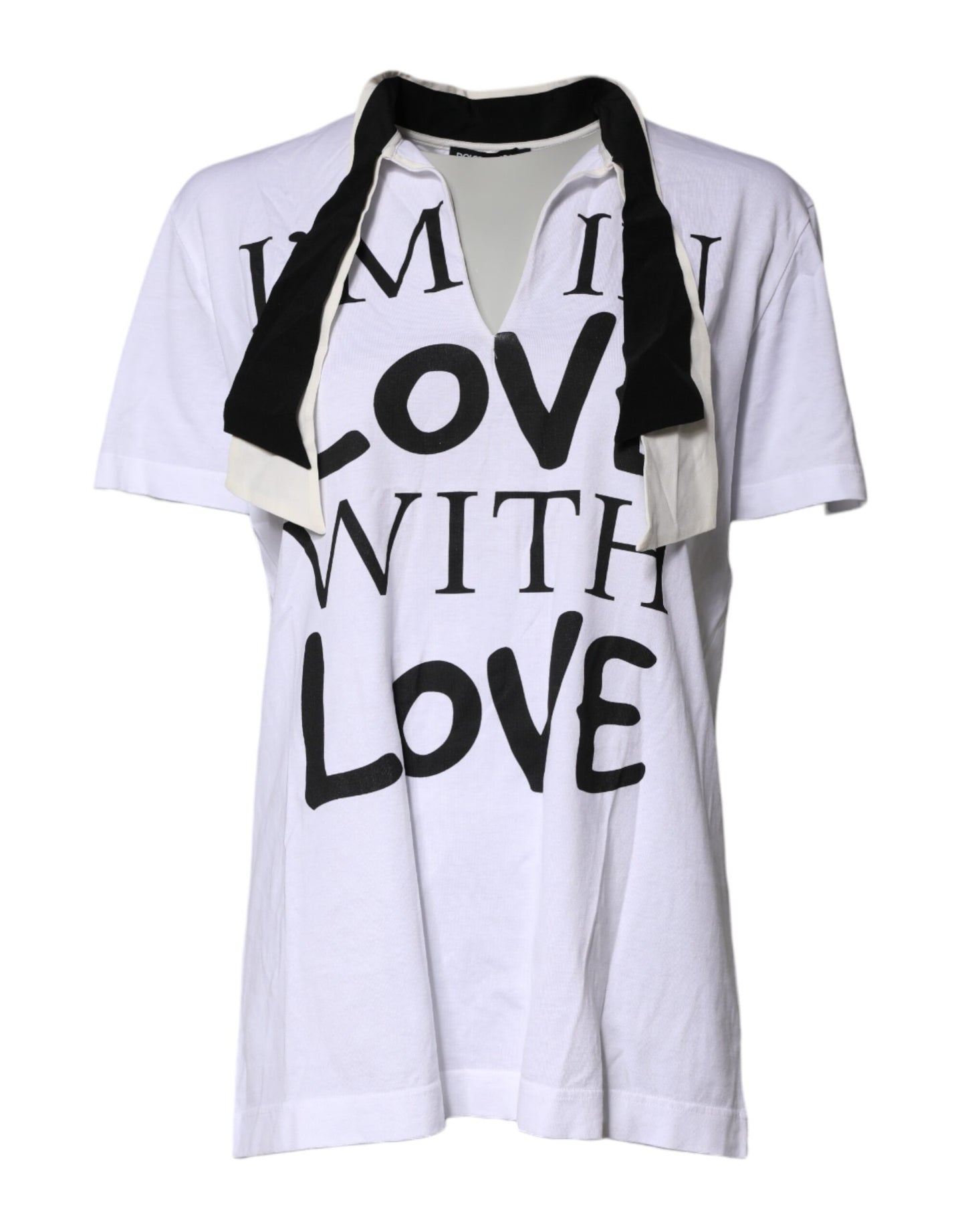 Dolce &amp; Gabbana – Weißes T-Shirt aus Baumwoll-Seiden-Mischgewebe mit Ascot-Kragen